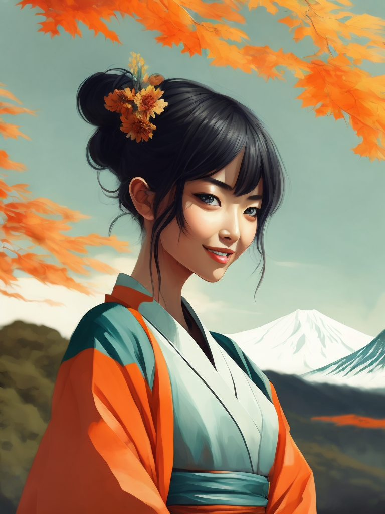 A cute and smiling Japanese girl in a white kimono, Mount Fuji in the distance. gentle watercolor style. clear, sharp and artistic high-resolution picture.