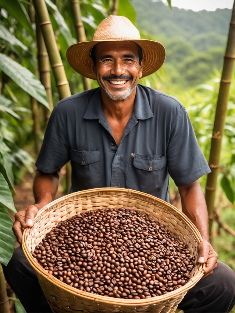 smiling brazilian coffee farmer holding coffee beans in bamboo basket, coffee lover, farm life, coffee harvesting, coffee beans, coffee plantation, fresh harvest, coffee production, handmade coffee, enjoying coffee,