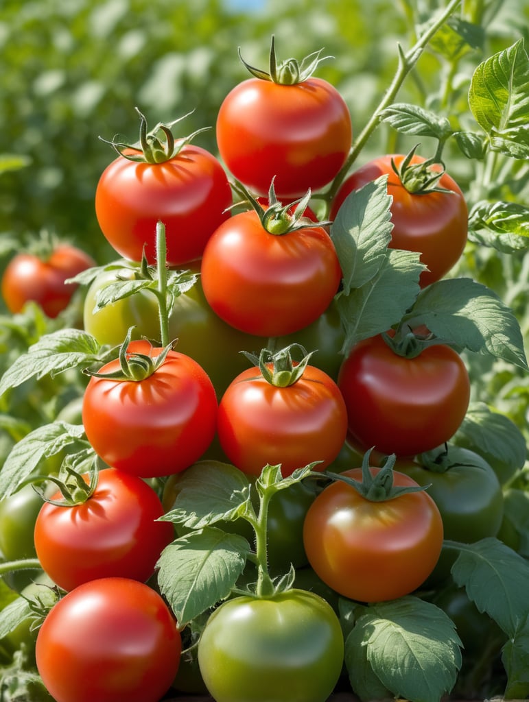 several red tomatoes stacked together forming a ketchup bottle with some leaves around it, beautiful tomato plantation in the background and a blue sky, short grass and yellow flower, creamy light, ambient lighting, beautiful colors