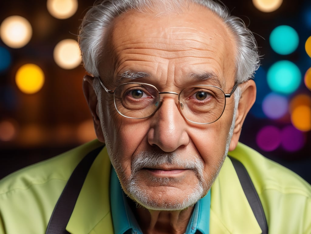 old funny man from future, ultra realism, super detailed, neon colors, magazine cover, professional shot, magazine photography, bright saturated colors, sharp focus, highly detailed, room for copy, simple background