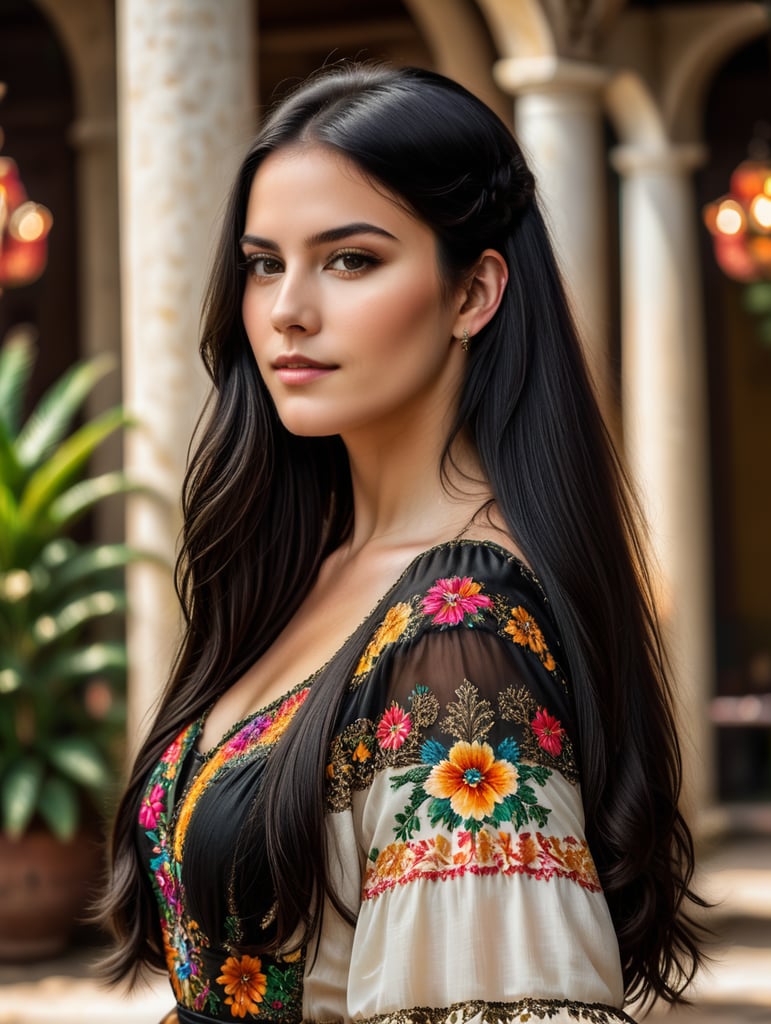 uma linda garota branca com cabelos lisos compridos e pretos ela veste um lindo vestido em um ambiente mexicanos