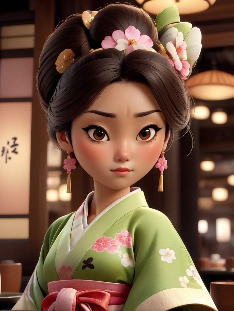 A 30-year-old woman who is a waitress in a restaurant and is very tired and exhausted with japanees kimono she have Light brown skin color with a blush on the cheeks and dark honey brown hair with black crop top