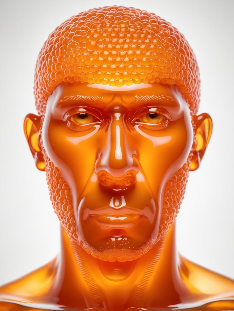 Portrait of a Translucent orange man made from the orange fruit, organs are visible through the jelly, isolated black background