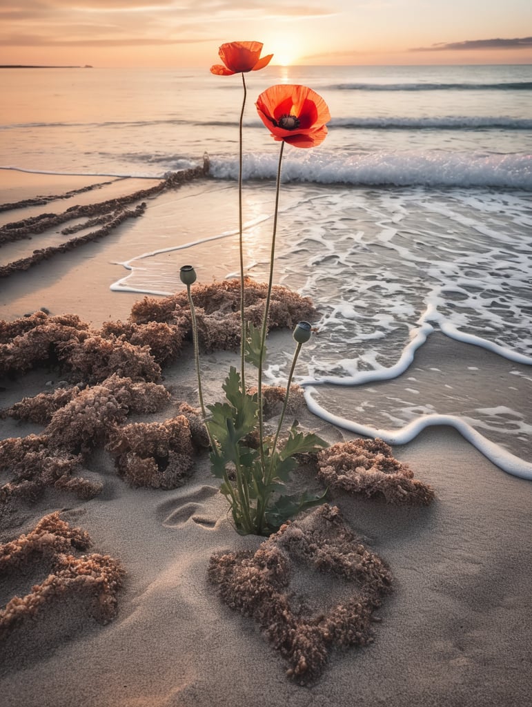 blooming poppy on sandy sea beach in sunset