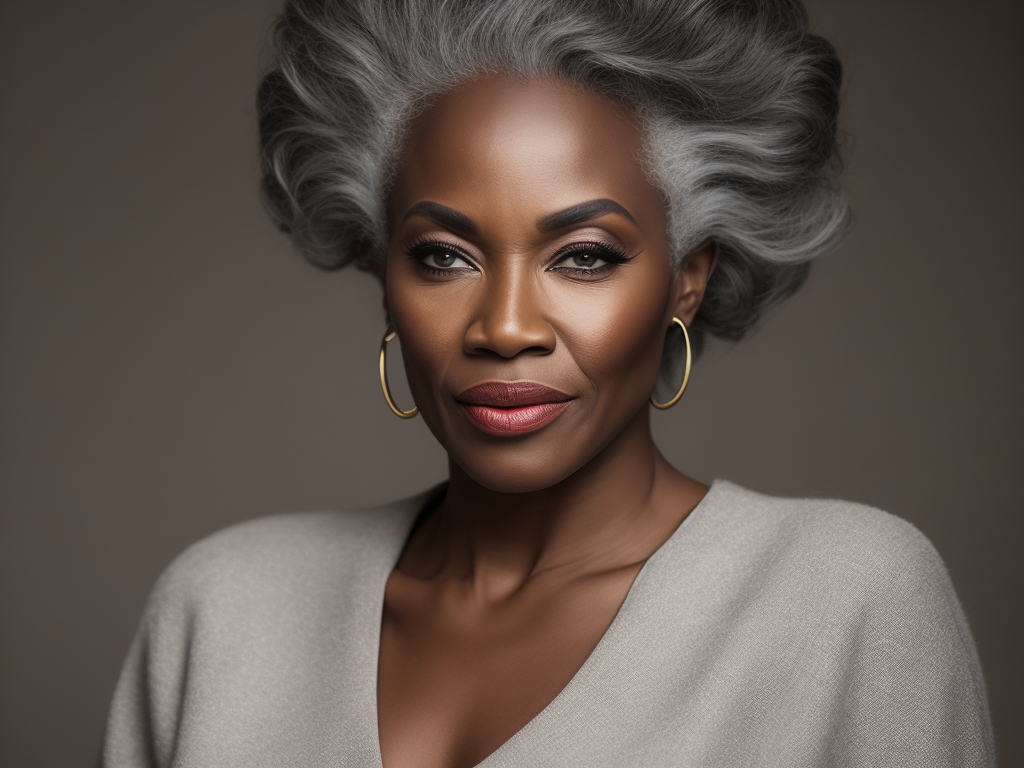 A 40yr old African supermodel with classic natural Chanel make-up and beautifully styled hair, beautiful pores and skin texture, wearing plain neutral colour top with open neckline, detailed high resolution image, grey hair, natural Clinique style image, soft lighting, gentle expression, she is content with her age