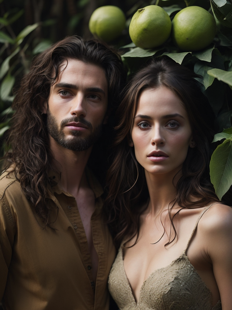 Adam and Eve with the forbidden fruit.