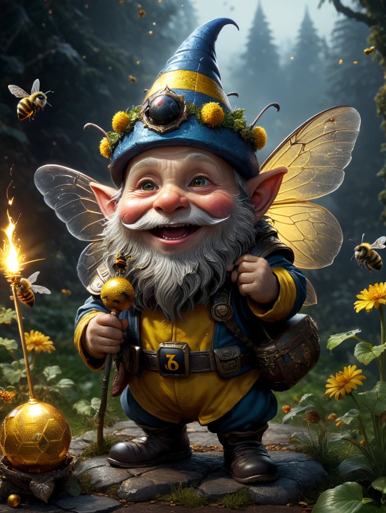 A little gnome celebrates the new year with a bee