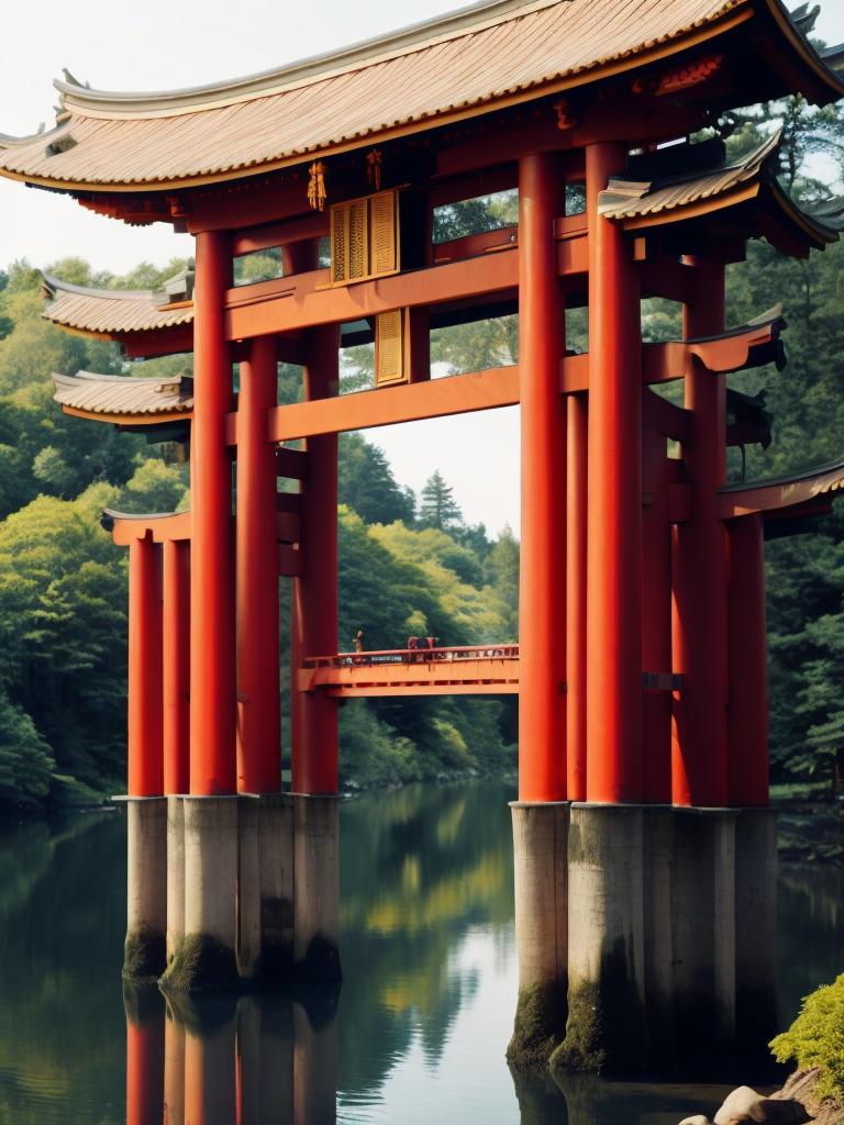 Red torii gate in middle of a lake, Dense forest on the edge of the lake, Bright and saturated colors, Japanese culture, photorealistic, contrast light