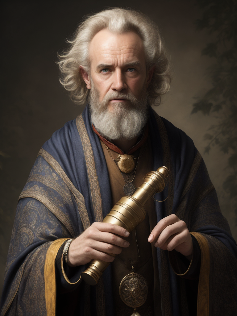 Portrait of a scientist in the 1400s, Afanasy Nikitin, fair-haired curly beard, blond hair, age 60, dressed in a painted caftan, holding a spyglass