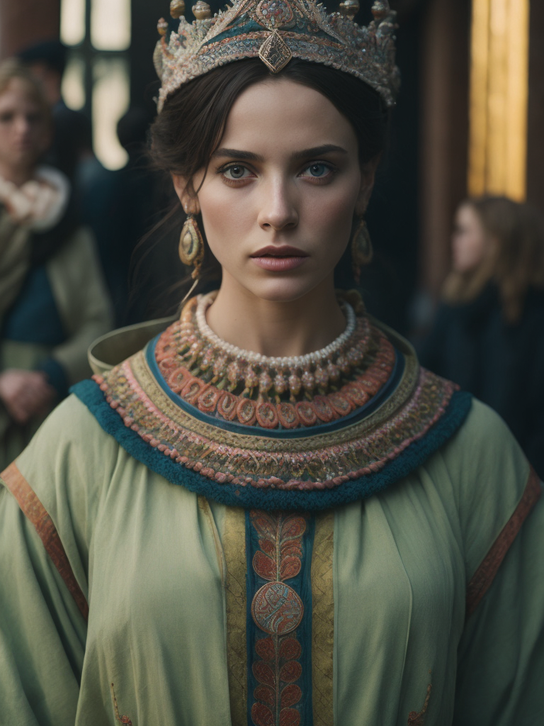 A beautiful girl in national Russian clothes, bright and colorful. In a kokoshnik. Standing straight looking into the lens.