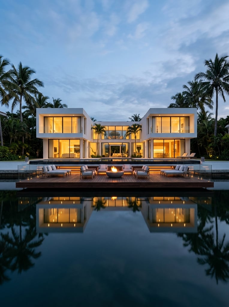 A modern luxury villa at twilight features minimalist white architecture and large windows glowing with warm light. Tall dark palm trees frame the two-story structure against a soft blue cloudy sky. In the foreground a wooden deck extends over calm dark water featuring lounge chairs a fire pit and orange under-lighting. The illuminated house and deck create a perfect symmetrical reflection on the water surface. The image uses a wide symmetrical composition typical of high-end architectural photography.