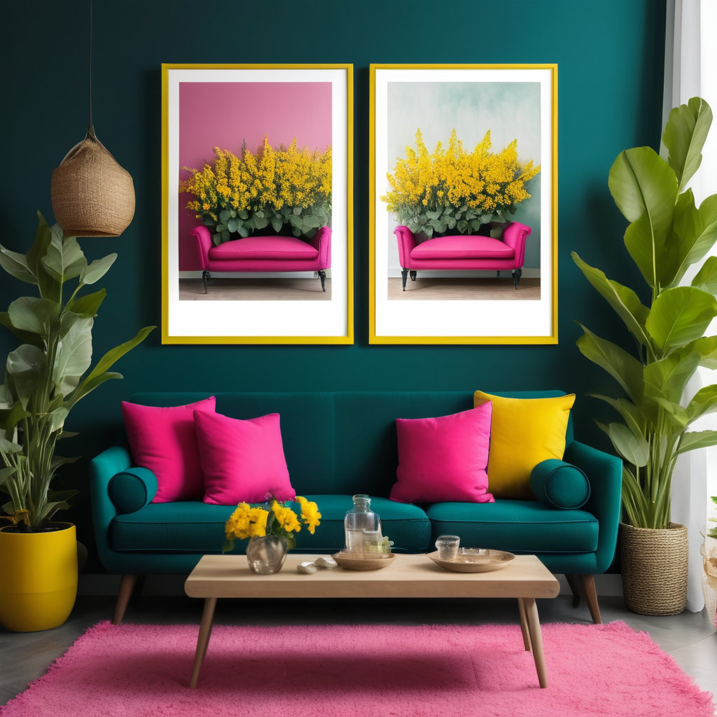 Mockup for two frames of 24x36 in. posters, hanging on a wall painted dark teal color, in a french modern country style livingroom, hot pink sofa and yellow pillows, many plants and flowers, bright livingroom