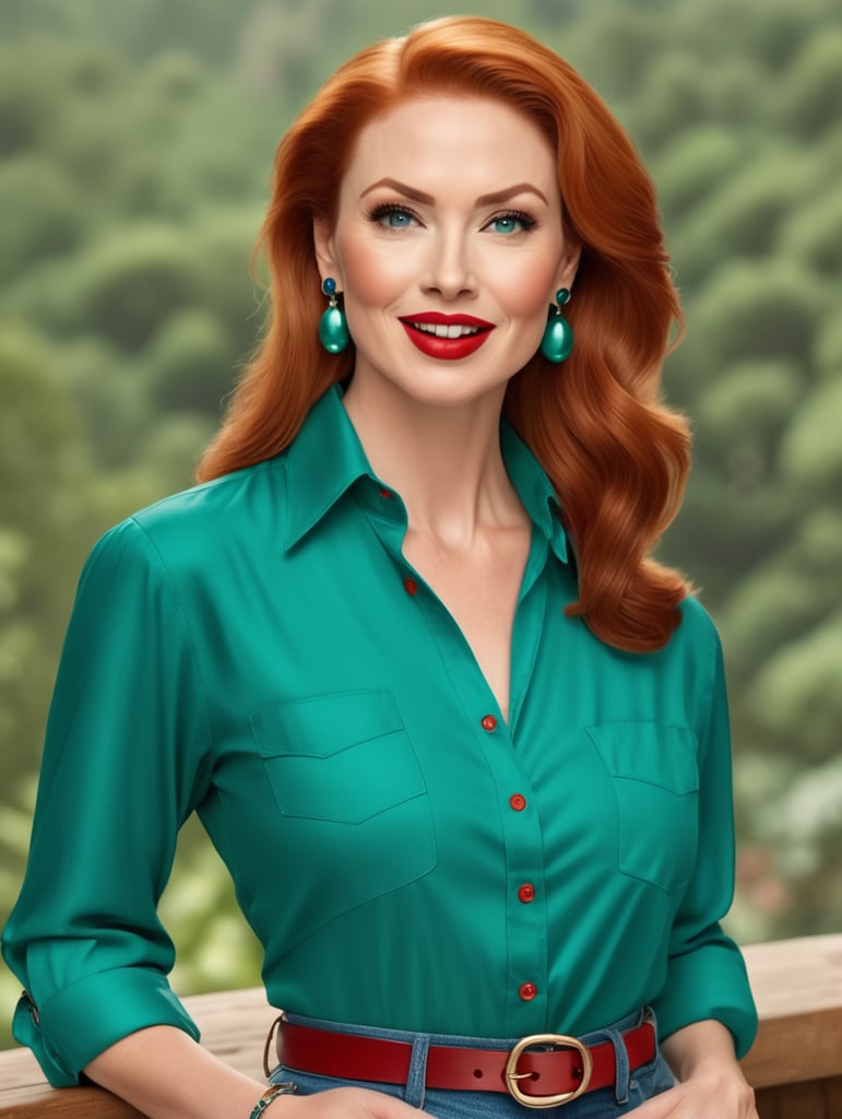 Lois is a tall, orangeheaded Caucasian woman. She wears blue pearl earrings, red lipstick, a teal green buttoned up women's shirt with sleeves rolled up to the elbow, tan jeans, and red slip on shoes.