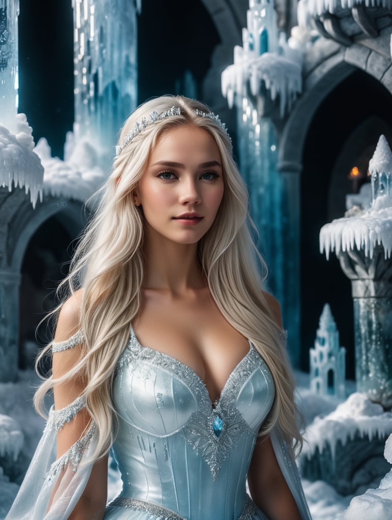 Ice princess living in ice castle. She is beautiful with white long hairIce princess living in ice castle. She is beautiful with white long hair