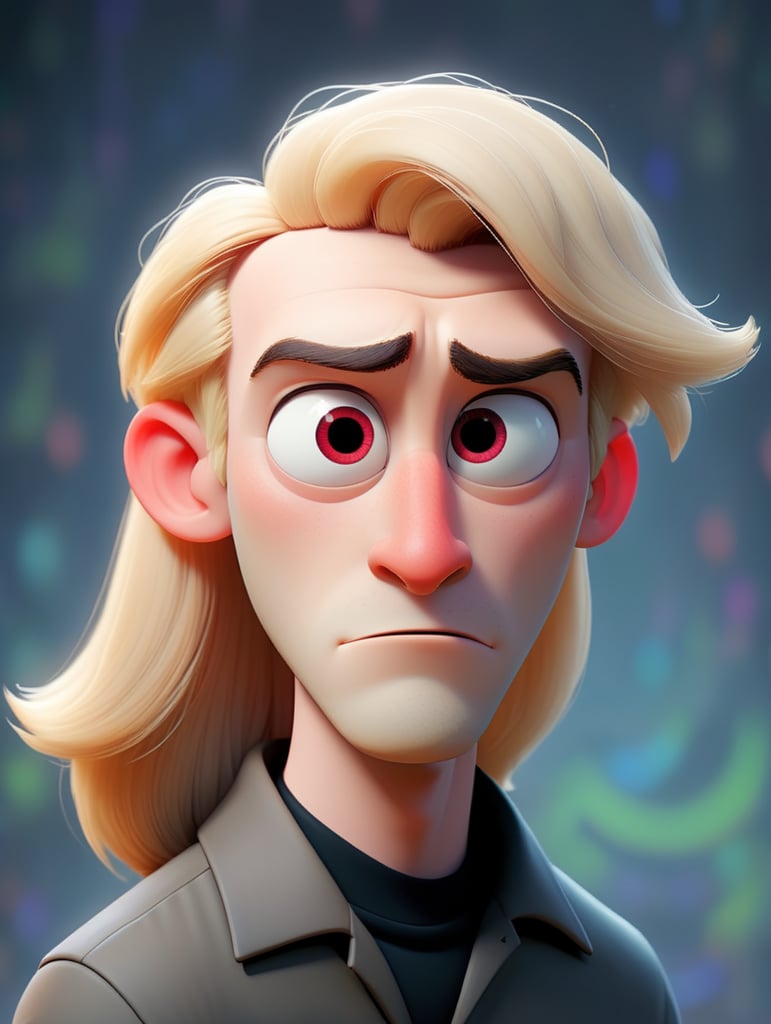 Young pale man, red eye, very long blonde straight hair