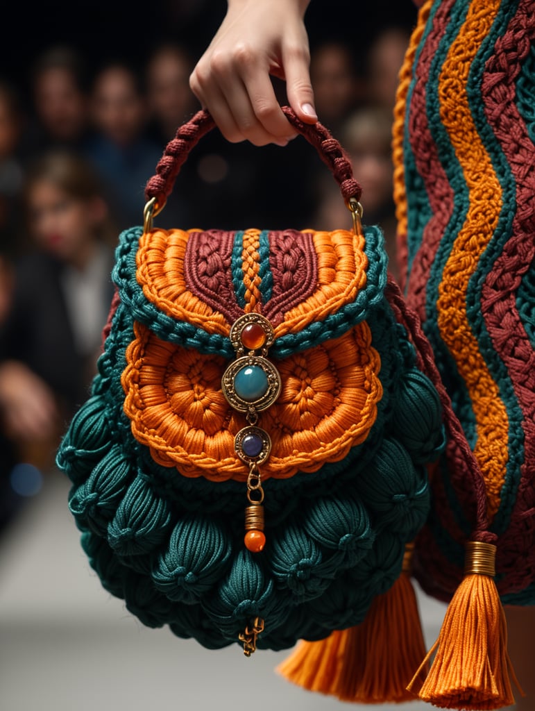 a closeup photo of a small puffy macrame purse made with puffy cords, vogue fashion show, autumn colors