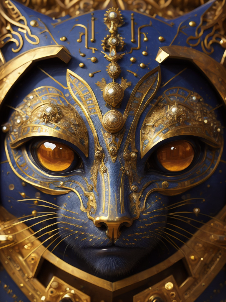 Masterpiece sculpture of an ornate bejeweled mechanical robot cat face, by annie swynnerton and diego rivera and nicholas roerich and jean delville, symbolist, dramatic lighting, god rays, elaborate geometric ornament, art brut, rich colors, smooth, sharp focus, extremely detailed, adolf wolfli and donato giancola