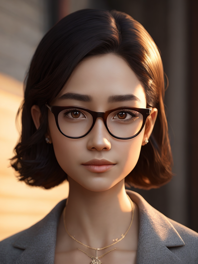 Girl, black hair, Brown eyes, glasses and necklace, Full body, standing centered, Pixar style, 3d style, disney style, 8k, Beautiful, Pixar style girl with black hair brown eyes glasses and necklace