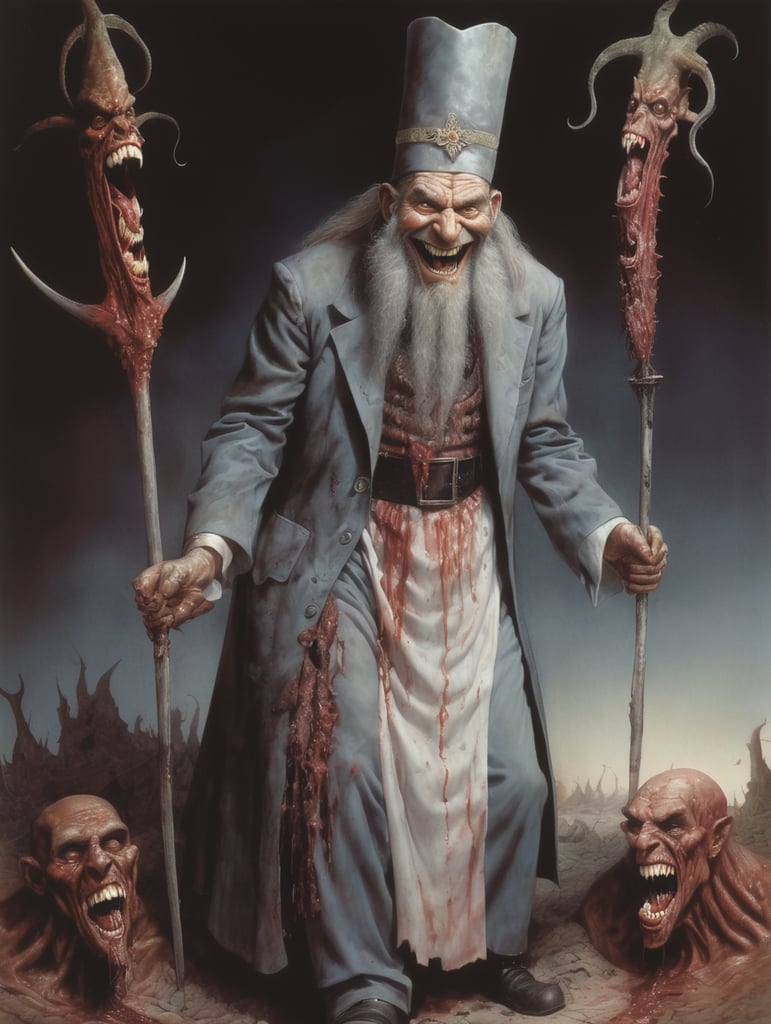 Old Rabbi smiling with Slit-Mouthed and razor sharp teeth Rotting flesh ,hored of flesh horror, ironic, creepy, scary caricature, satire, hyperdetailed illustration by Brian Bolland and iconic, hyperdetailed, digital illustration by Derek Riggs, (iconic, hyperdetailed, haunting digital illustration by Zdzisław Beksiński and Peter Gric. ) and artist Vincent Locke