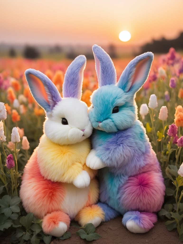 Two tie dye rainbow fur bunnies cuddling in field of flowers sunset