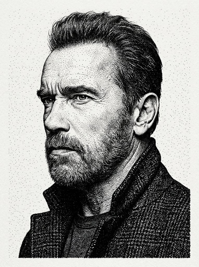 black and white stippled portrait of a stern man looking left, high contrast pointillism, varying dot density forming deep facial shadows, stark halftone effect, light background