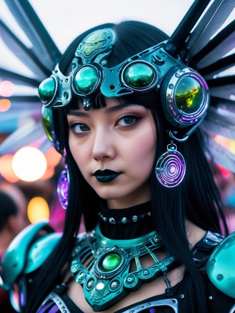 Photorealistic 3d portrait alien mech angels in goth folk festival raver outfit in dmt colorado rave city night 35mm film, akira anime.