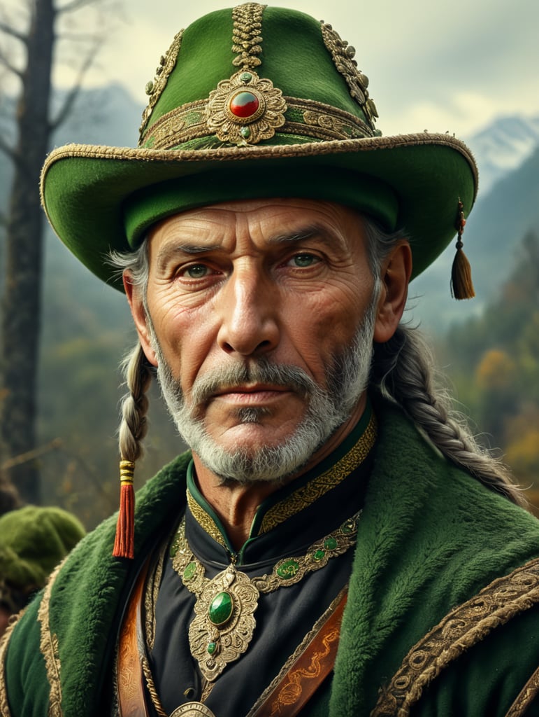 Retro portrait, an old Austrian hunter wearing Green Tryolean Hat and traditional costume