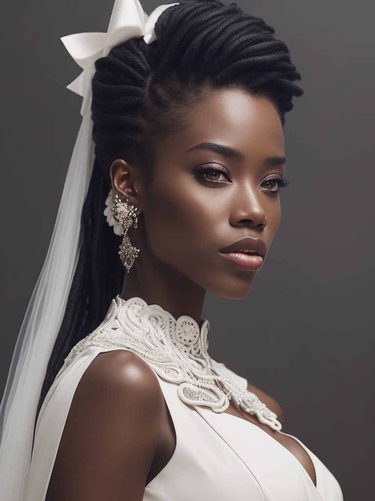 Portrait of a beautiful african american woman wearing a white wedding dress, by tran nguyen