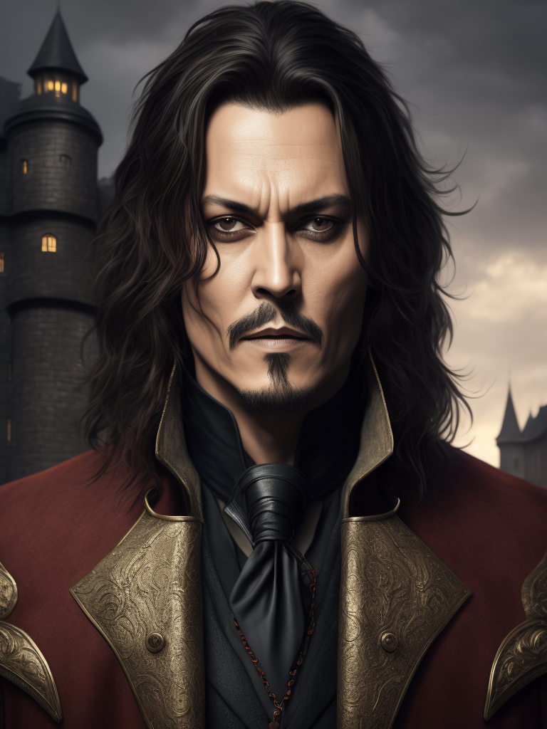 Portrait of Johnny Depp as Count Dracula, majestic look, long hair, mantle, against the backdrop of a medieval castle, detailed background, contrasting light, detailed face, muted tones