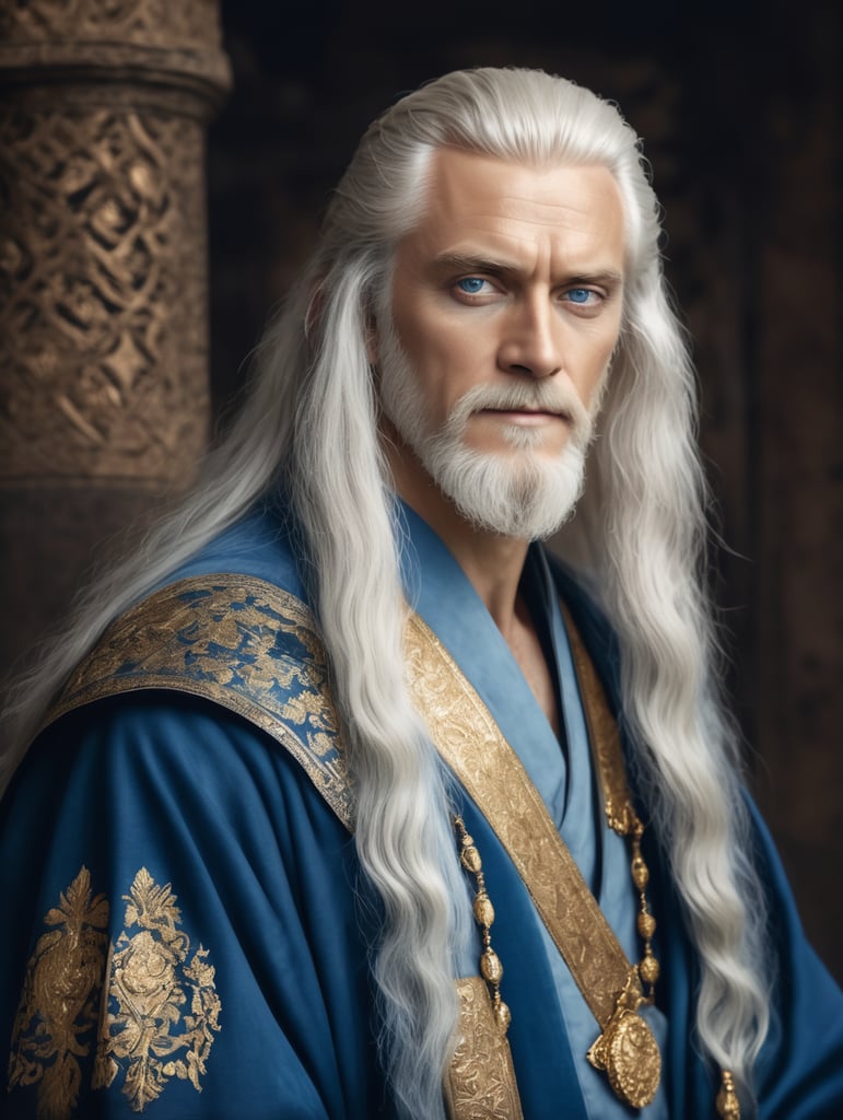 pale middle age man with long white hair and pale blue eyes. Rich blue robe with golden decorations. Ancient times.