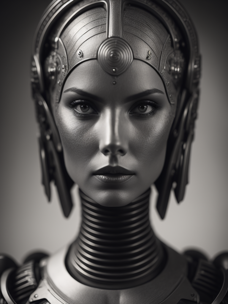 Female robot, Giger style, black and white, high contrast, metal face, many details, slim, stylized body