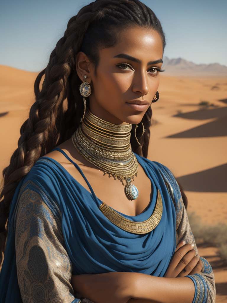 Portrait of an Arab woman with light tanned skin, braided hair, she has face tattoos and heavy silver necklace, she stands with crossed arms, vibrant ethnic blue clothes, National geographic style, desert in the background