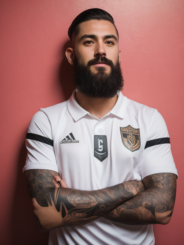 a tattooed soccer player with long black beard stands in a front of the bright pink wall