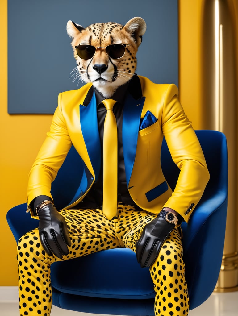 a sleek looking cheetah, sitting on a tufted blue velvet chair, bright yellow background, wearing an expensive suit, with very large dark sunglasses, hands in lap, full body with black shiny shoes, black leather gloves, black leather shoes, facing front, super crisp, photographic canon 80d, daylight, bold, fantastic