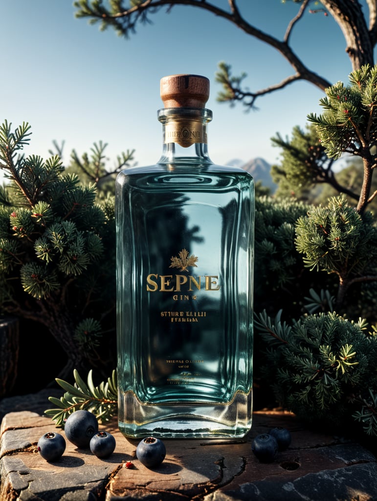 professional photography of a square gin bottle, square bottle, surrounding a juniper and juniper berries, one shot of gin in a front, no label, clear, mockup