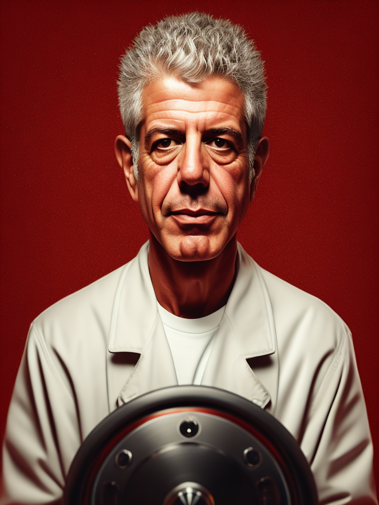 Portrait of anthony bourdain in a light suit with black thick rims, portrait in the style of advertising in kitchen 50s, red background, sharp focus, highly detailed, vintage advertising, retro style