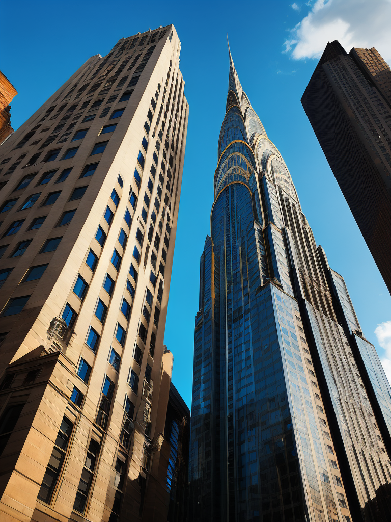 Chrysler Building, New York in the background, Blue sky, Vibrant colors, Deep colors, Contrast lighting, Sunny day, High detail, Sharp details