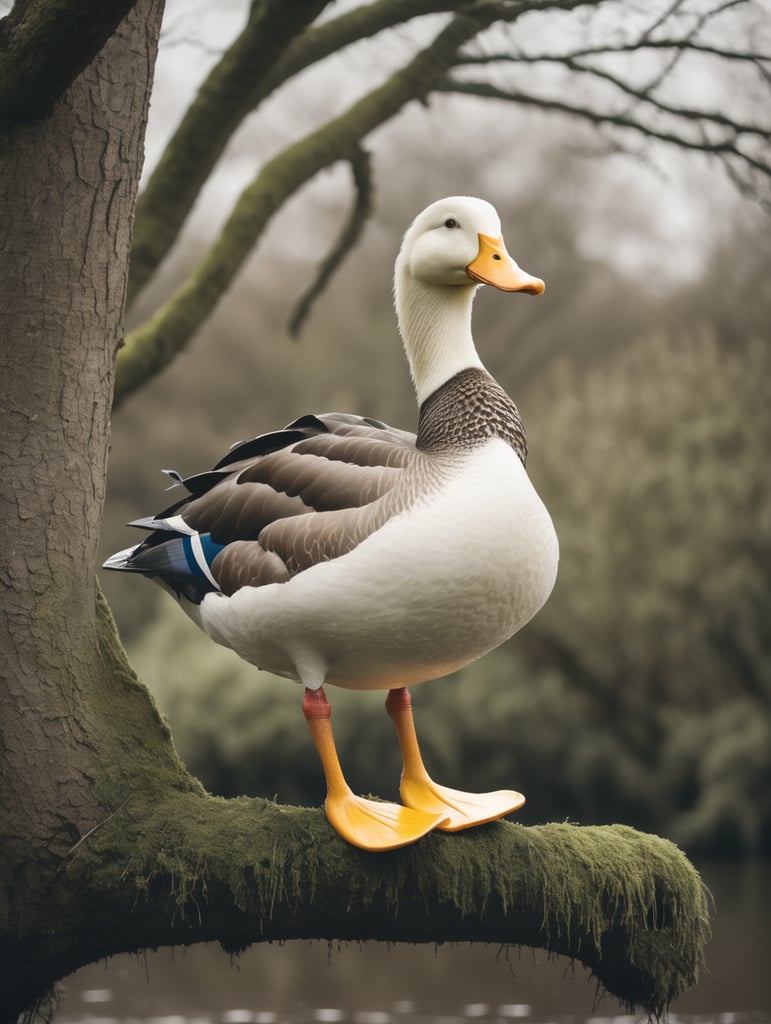 ugly duck wearing wellies up a tree