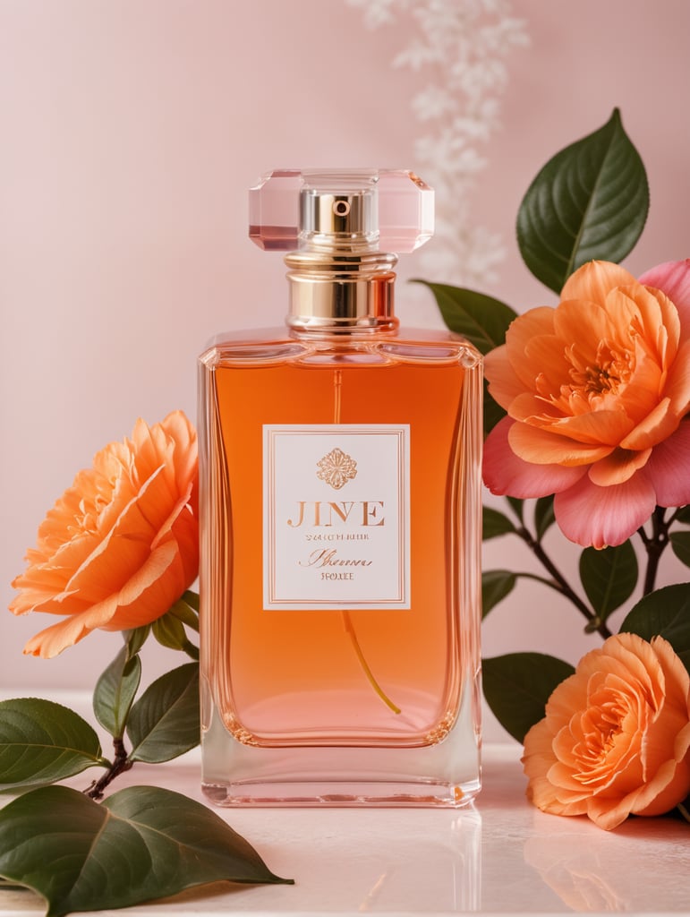 Pink and orange Floral background with modern perfume bottle with blanc white label and snake next to the bottle