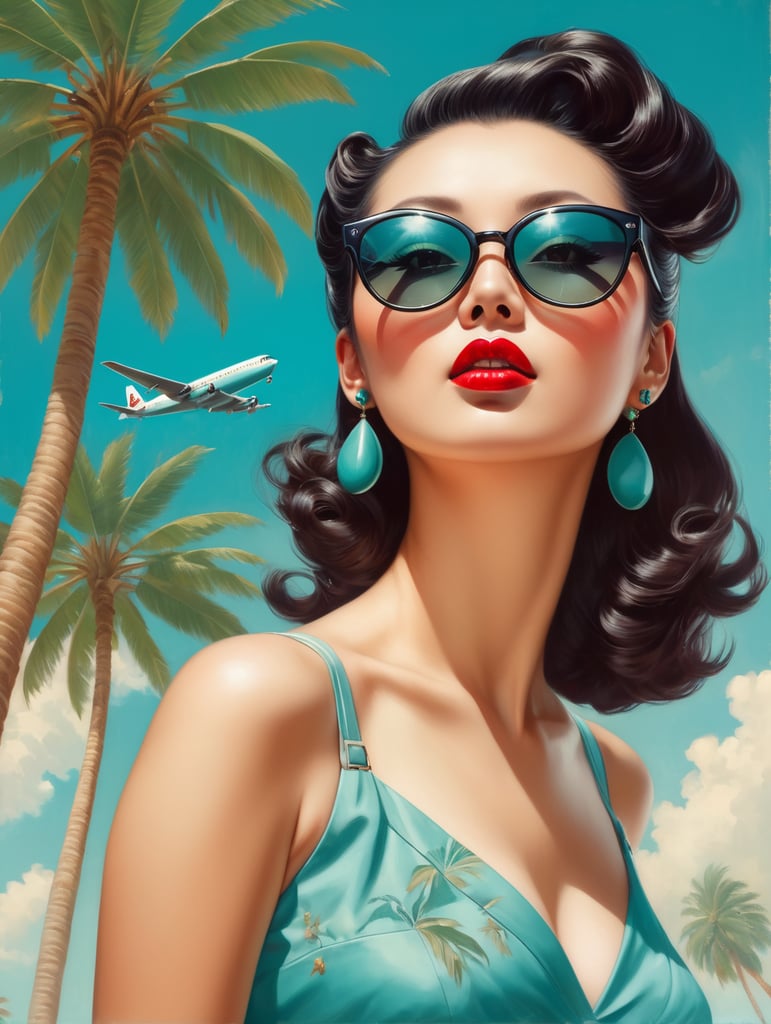 Pin up art, portrait, a chinese woman raised her head up, looks at the sky, sunglasses, one airplane flies in a clear sky and leaves a mark, summer, palms around, palms reflected on a sunglasses, turquoise shades, style by Gil Elvgren