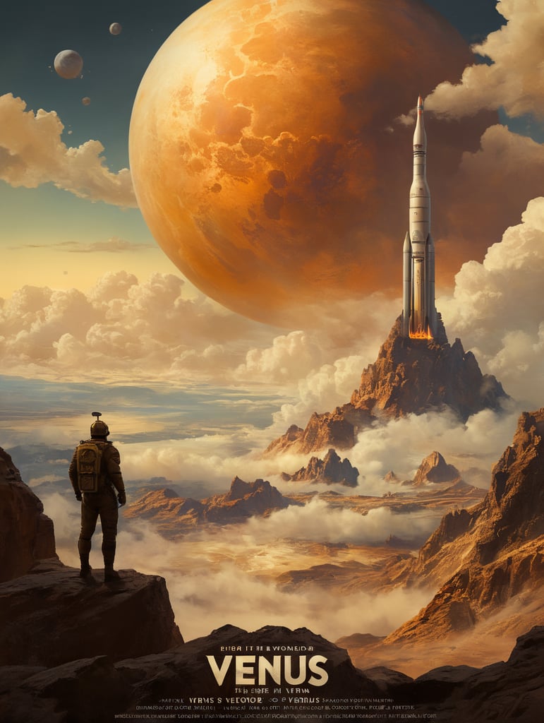 Ein Vintage-Reiseplakat für Venus im Hochformat. Die Szene zeigt die dicken, gelblichen Wolken der Venus mit der Silhouette eines sich nähernden alten Raketenschiffs. Geheimnisvolle Formen deuten auf Berge und Täler unter den Wolken hin. Der untere Text lautet: „Explore Venus: Beauty Behind the Mist“. Das Farbschema besteht aus Gold-, Gelb- und sanften Orangetönen und erweckt ein Gefühl des Staunens.
