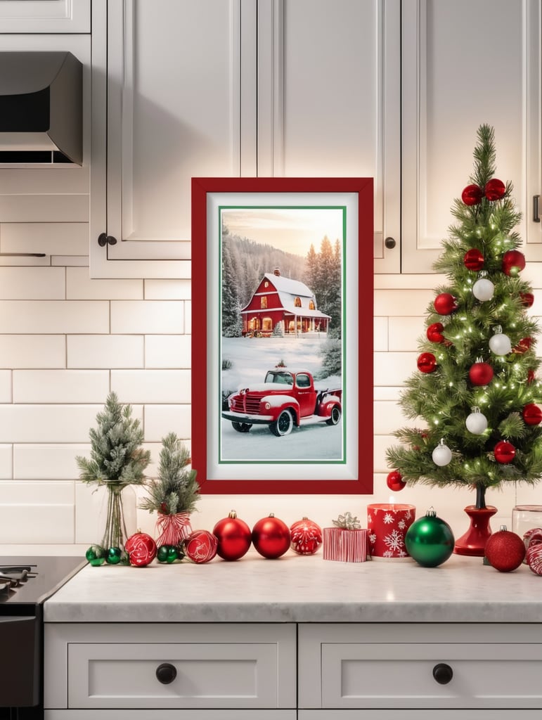 vertical picture frame mockup, cozy farmhouse kitchen, christmas decoration, red, white, green, christmas lights