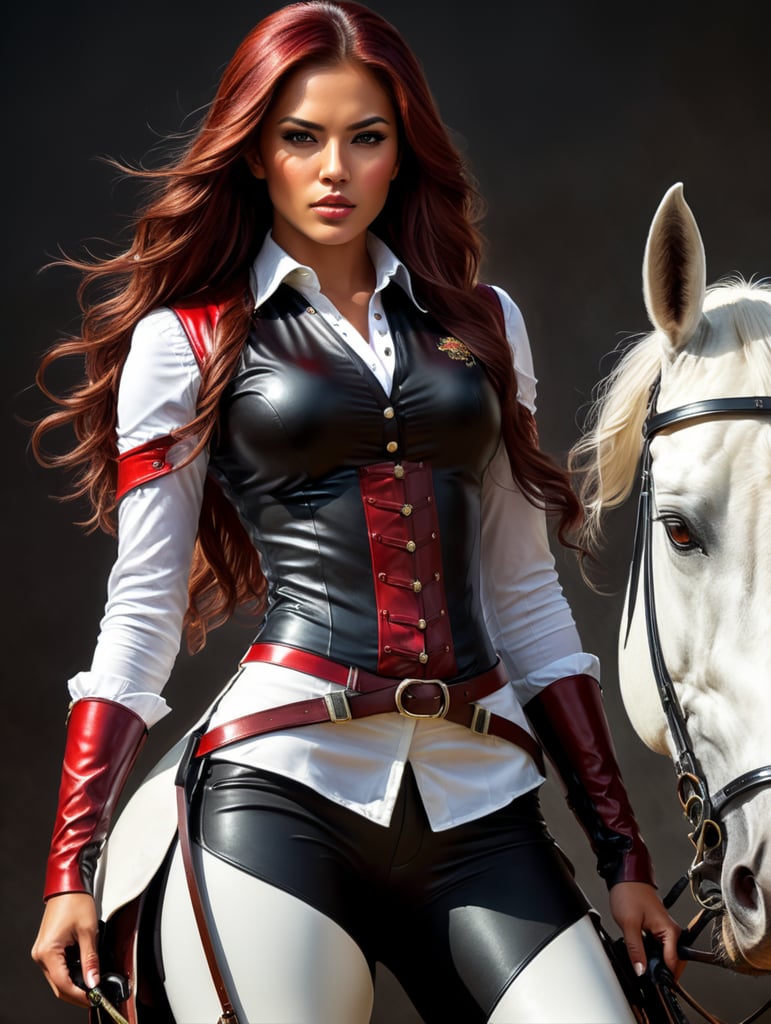 Hispanic female, long dark red hair, black shiny riding breeches, white sleeveless equestrian shirt, black riding boots, riding crop in hand