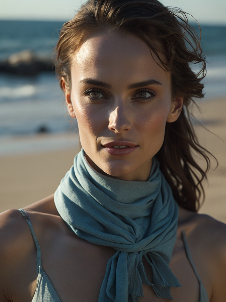 A cute and smiling young Natalie Portman in white bikini on the beach. clear, sharp and colorful high-resolution light picture.