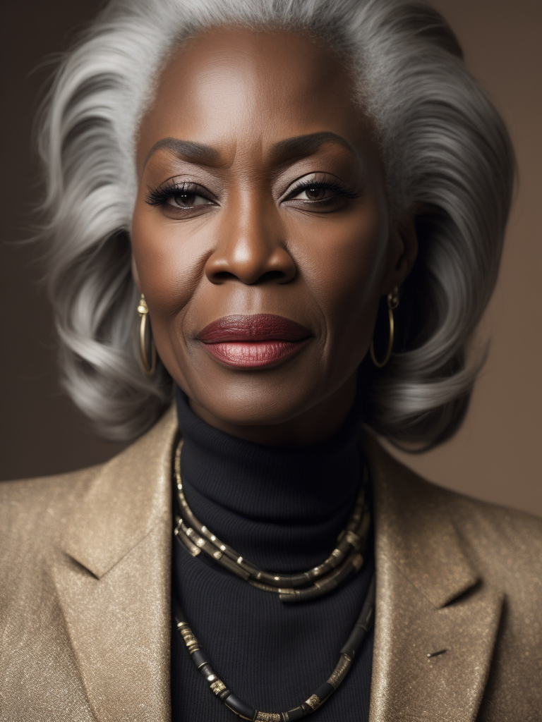 A 50yr old African supermodel with classic Chanel make-up and beautifully styled volume hair, beautiful pores and skin texture, detailed high resolution image, grey hair, Dior makeup, award winning fashion editorial image, soft lighting, gentle expression, she is content with her age