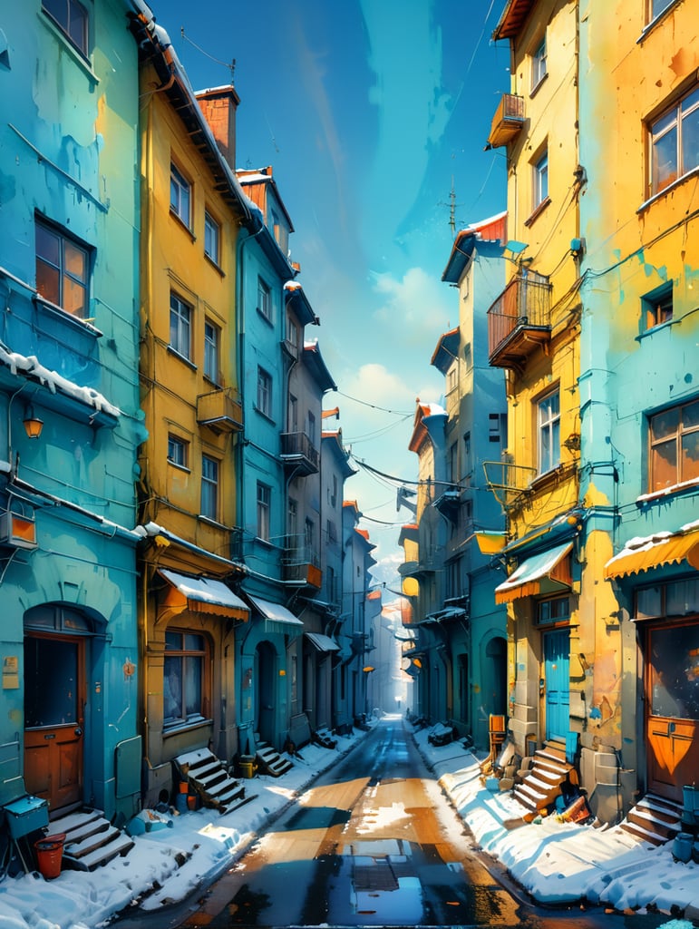 a painting showing children on a snowy Eastern European street, in the style of filip hodas, sky-blue and yellow, sovietwave, elegant cityscapes, aerial view, mort künstler, nikon d850 --ar 64:51