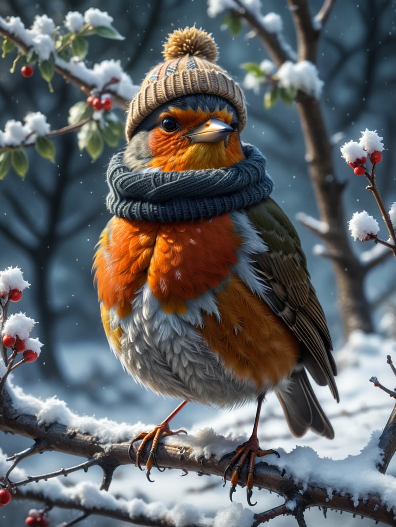 A robin sitting on a snowy branch wearing a woolly hat and scarf