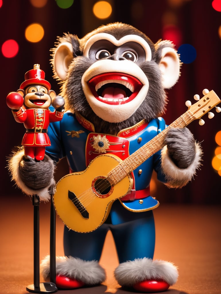 Happy monkey singing with a nutcracker at University of Wisconsin-Madison, bright colors, high contrast, dramatic lighting