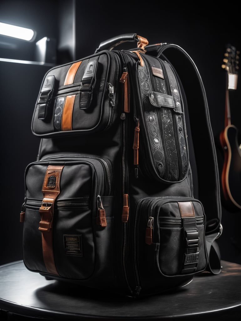 a black space guitar gigbag with a magnetic thruster, on a dark background with dramatic lighting.