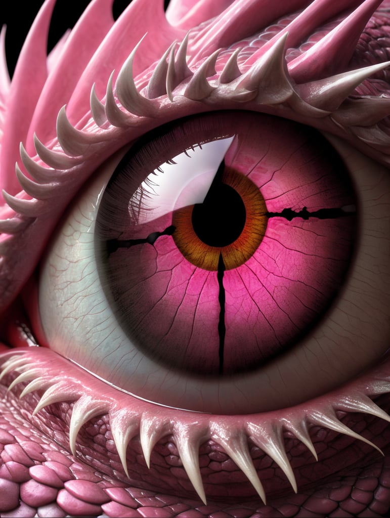 An upclose 3d realistic single pink dragon eye with extreme detail